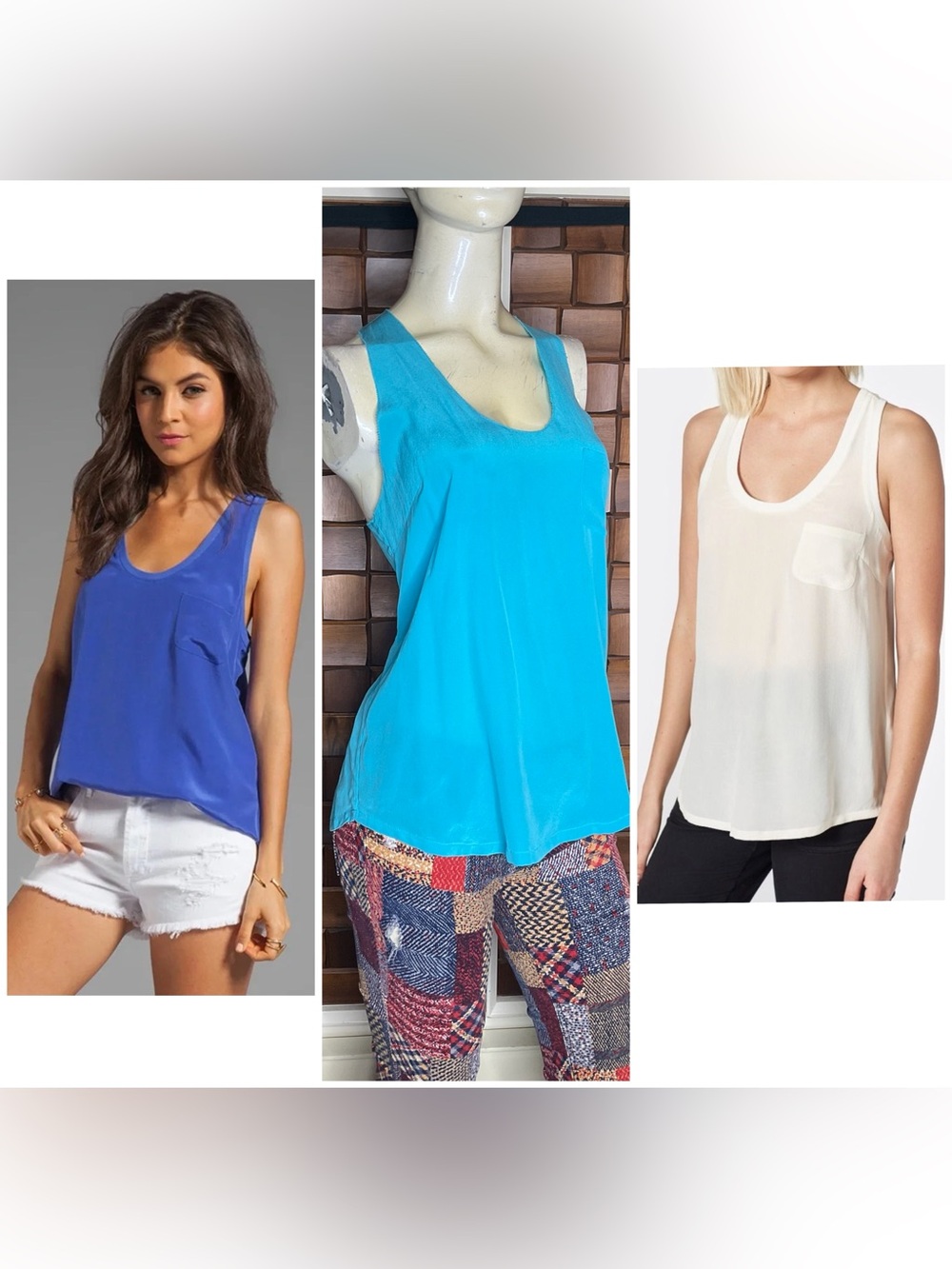 Joie Alicia Silk Tank Top Bundle Turquoise Blue White Set of 3 Size Small